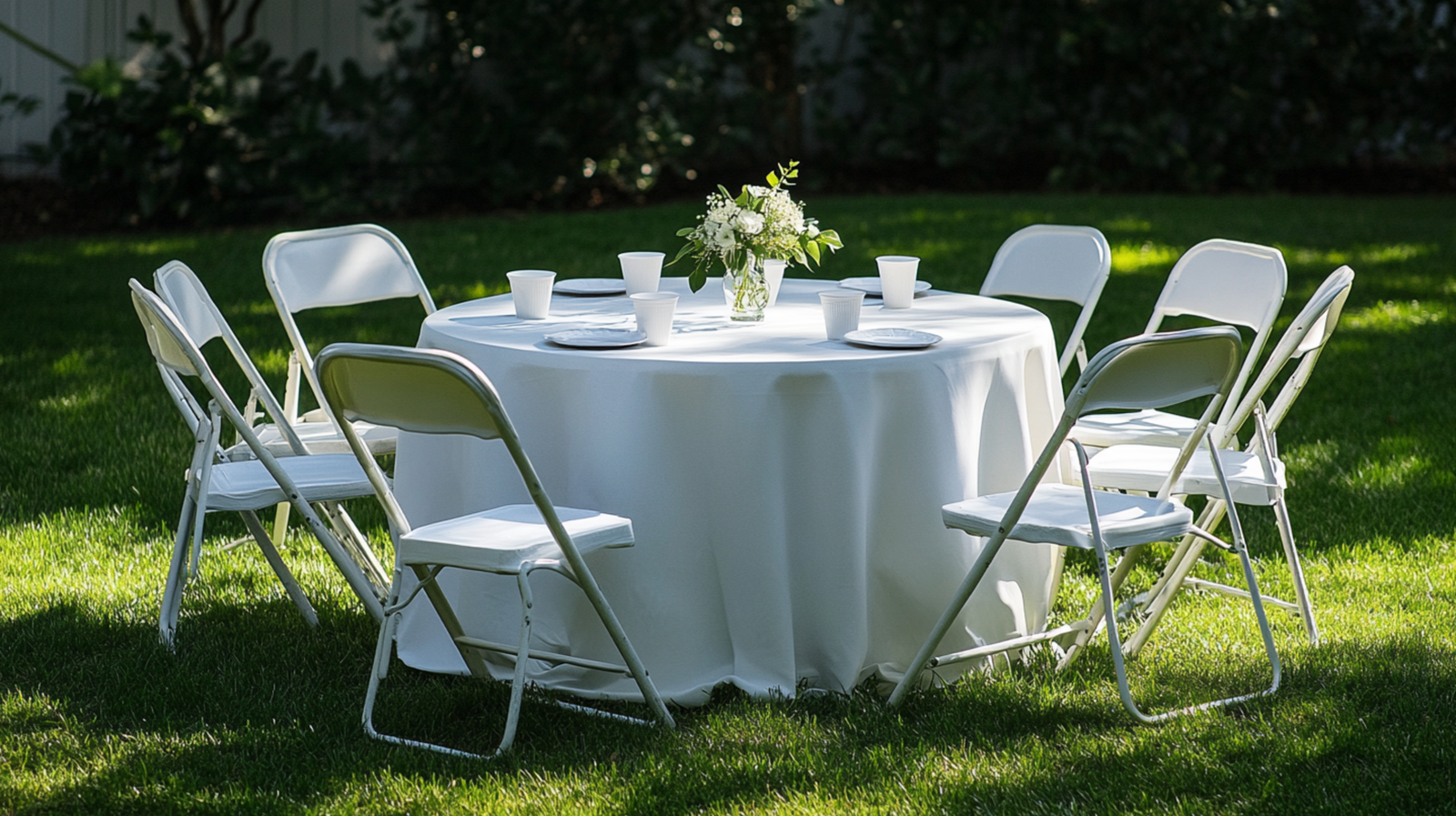 Chair and table rental setup in Brampton with white folding chairs and a round table